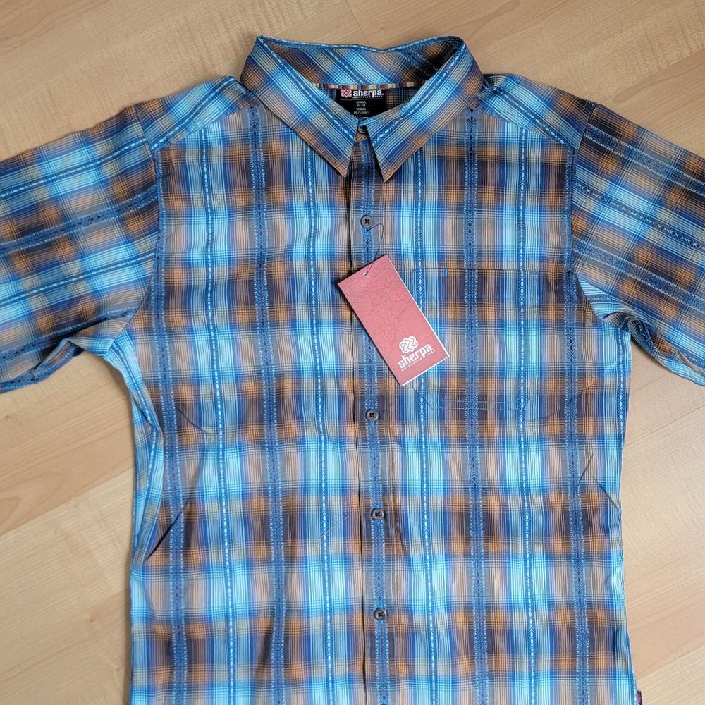 Sherpa Adventure Gear S/S Neelo Blue Checked  Jhapa Shirt NEW with Tag SMALL